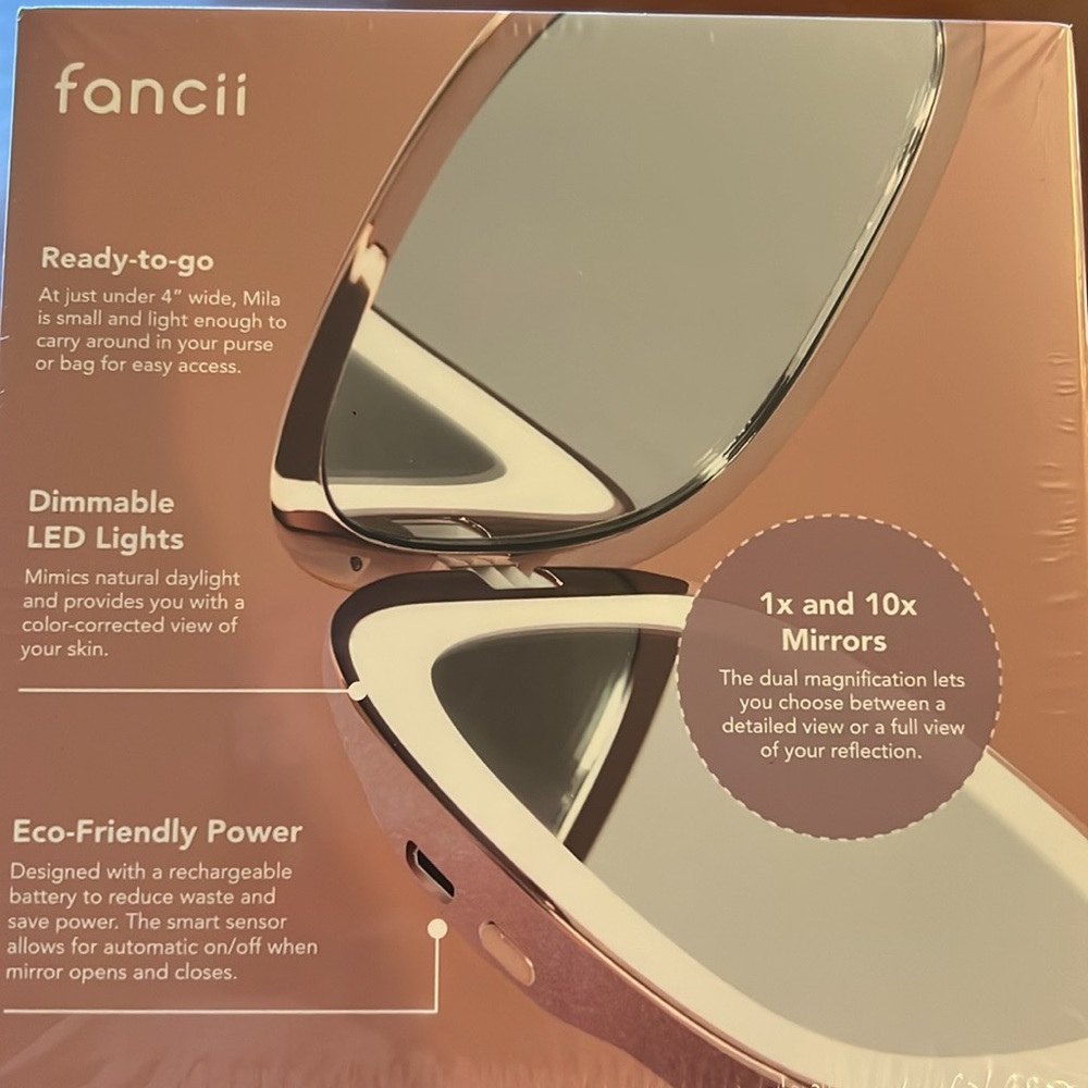 MILA Compact Mirror - Pink 4 Inch for Purse - On Off LED Light 1x and 10x Light